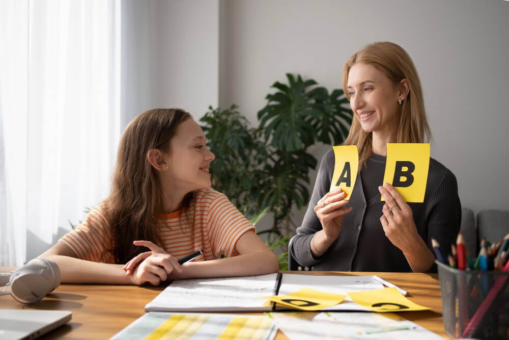 criança aprendendo inglês com professora